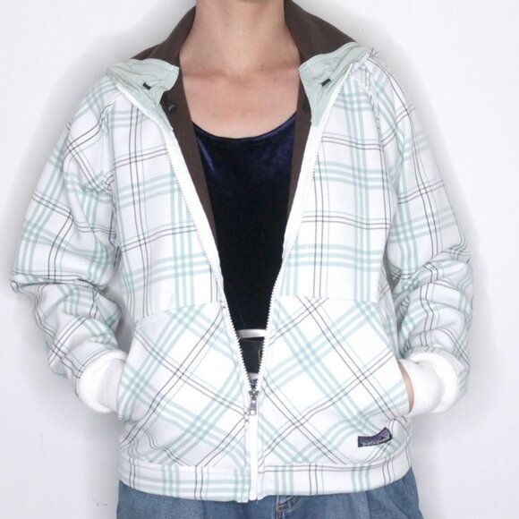 Patagonia Women's White  Green Plaid Hooded Jacket Size S - Picture 1 of 16